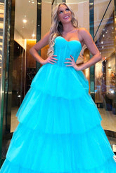 Strapless Light Blue Corset Layered Long Formal Dress